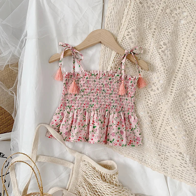 Floral Print Rustic Style Little Girl Sling Tops and Shorts Set childrensterritory