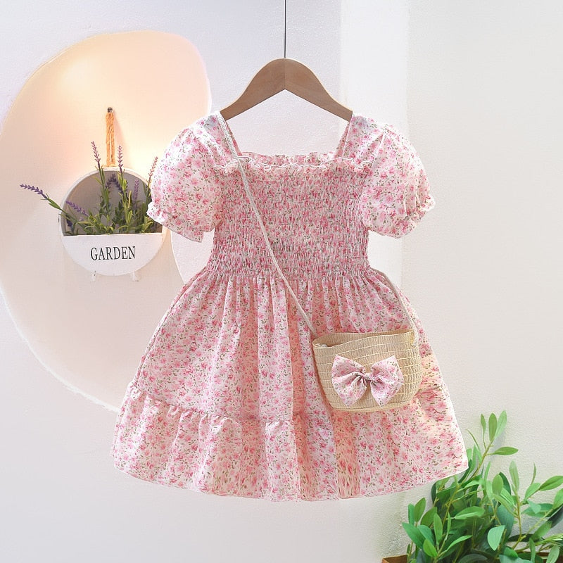 Kids Girls Floral Summer Princess Dress with Sling Bag childrensterritory