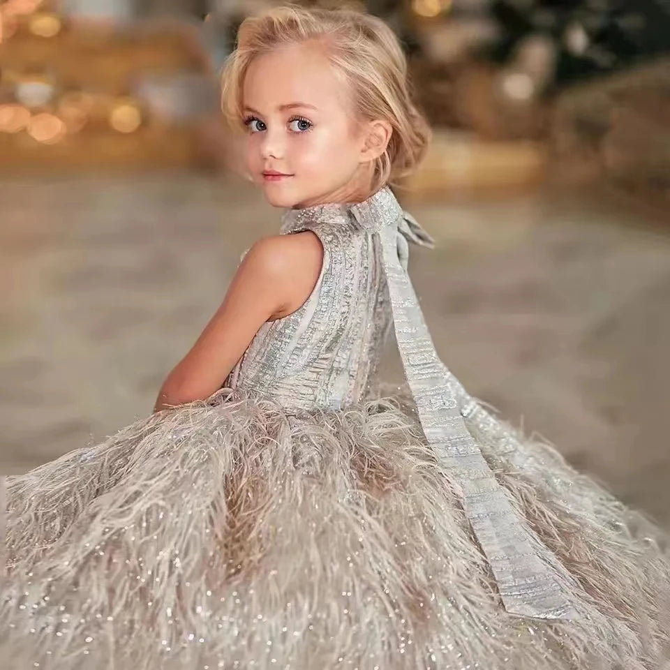 Girls Fluffy Feather &amp; O Neck Sleeveless Ball Gown/Party Dress