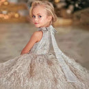 Girls Fluffy Feather & O Neck Sleeveless Ball Gown/Party Dress