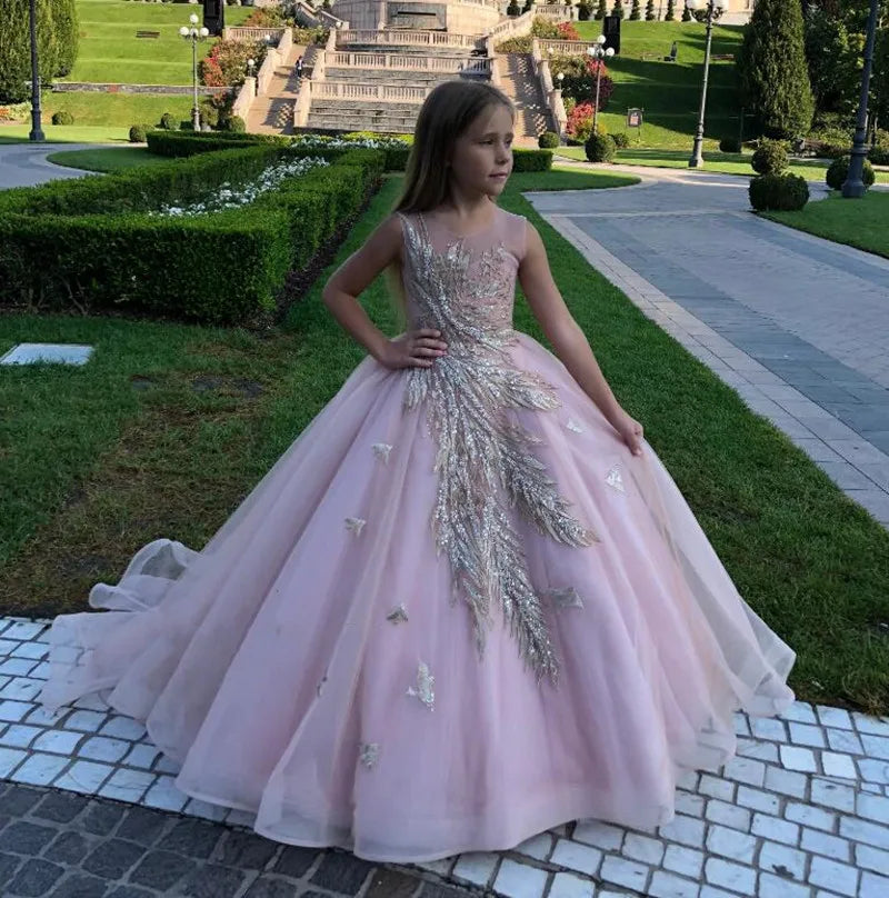 Luxury Appliques Tulle Sheer Neck Design Wedding/Party Dress for Girls childrensterritory