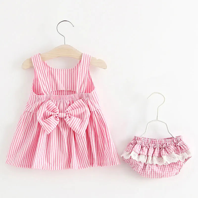 Baby Girls Cute Sleeveless 2 Pieces Stripe Pattren Dress Set childrensterritory