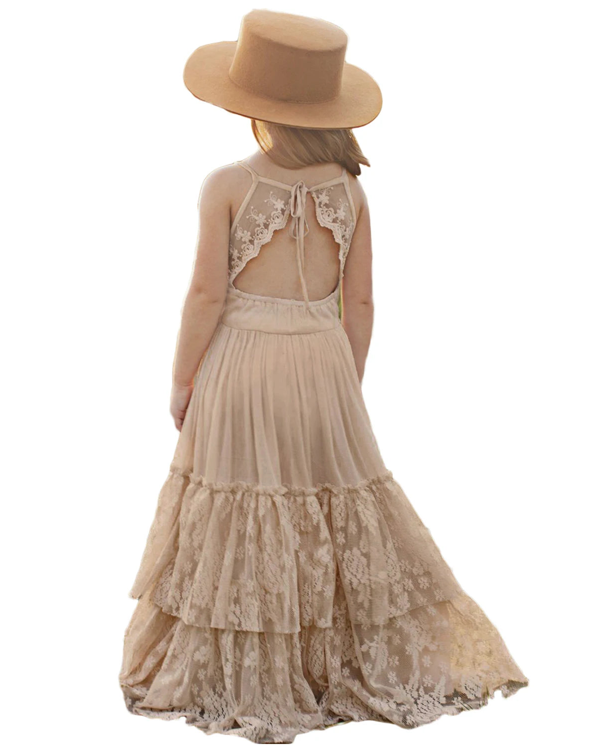 Girls Bohemia Lace Design Backless Chiffon Long Dresses childrensterritory