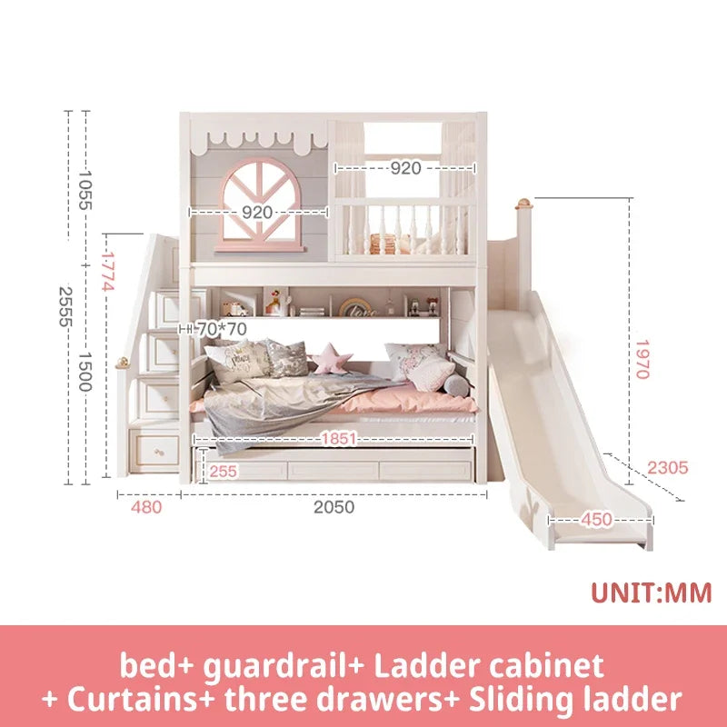 Beautiful Kids Bunk Beds with Large Storage Space and Guardrail