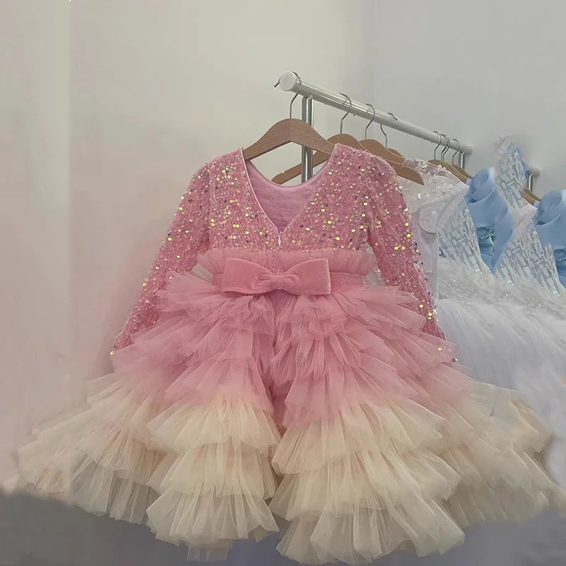 Glitter Sequin Puffy Tiered Tulle Princess Party Dress for Girls