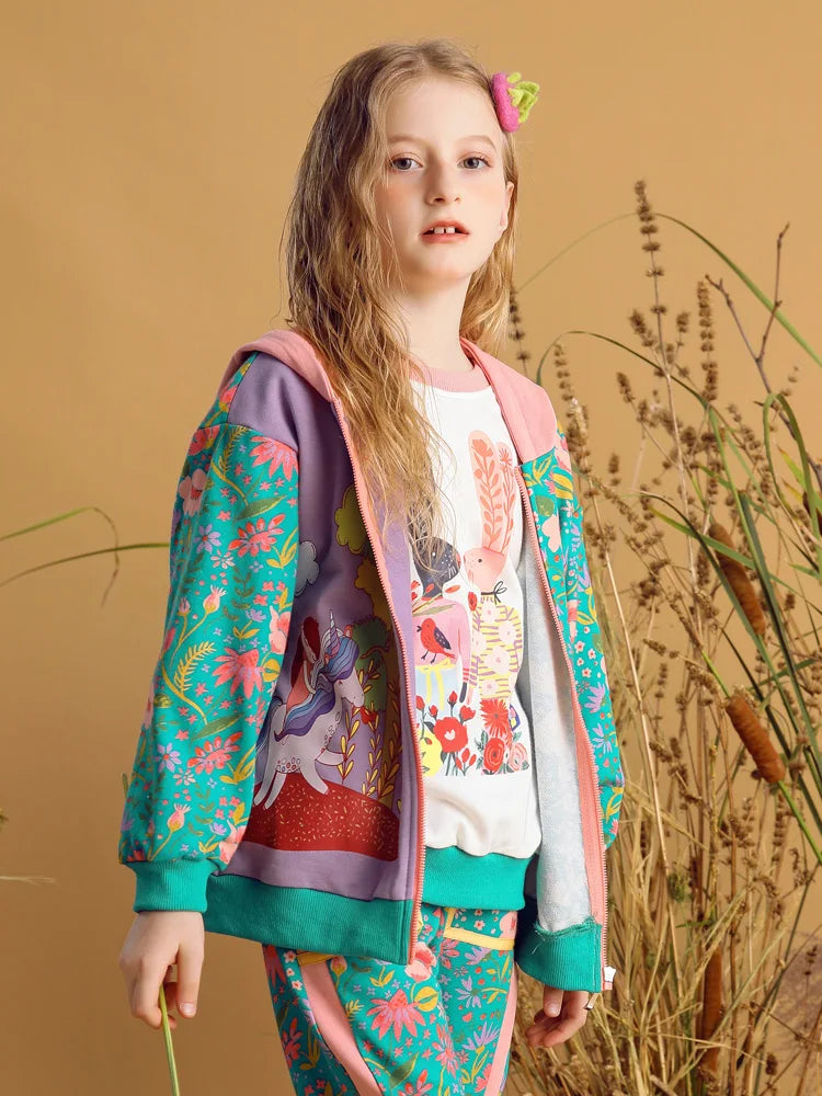 Floral Print Hooded Long Sleeve Jacket For Girls childrensterritory