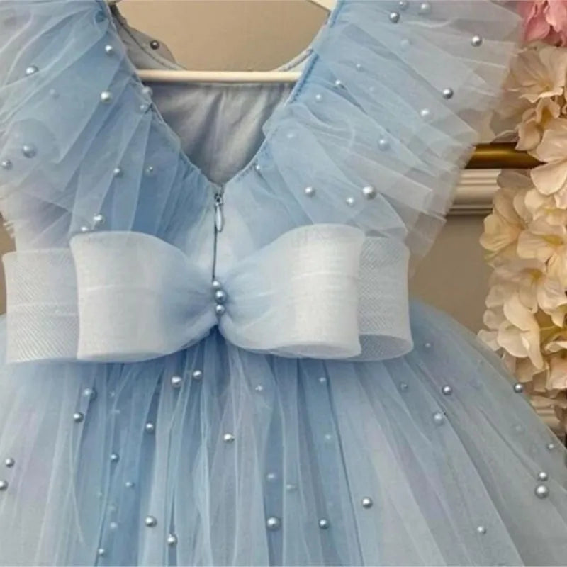 Pearls Design Cute Tulle Gown with Big Bow for Infant Girls