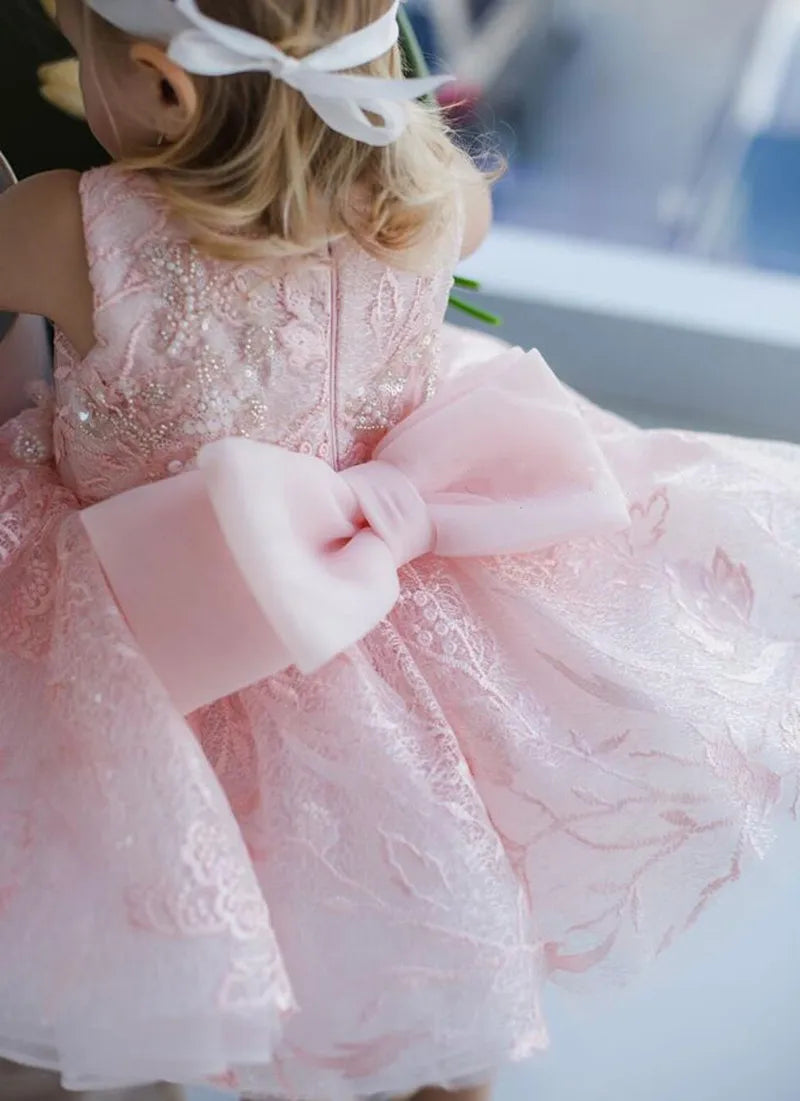 Puffy Lace Embroidery Bow-Design Christening/Party Dress for Girls childrensterritory