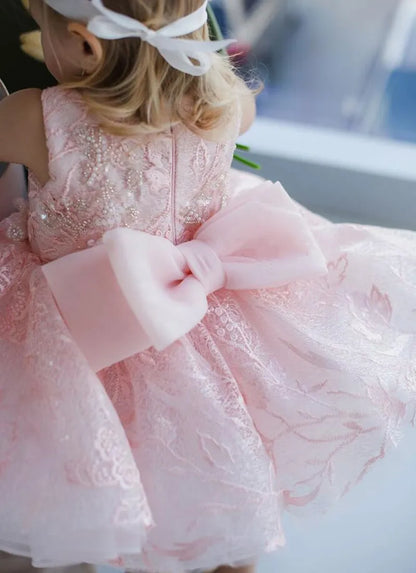 Puffy Lace Embroidery Bow-Design Christening/Party Dress for Girls childrensterritory