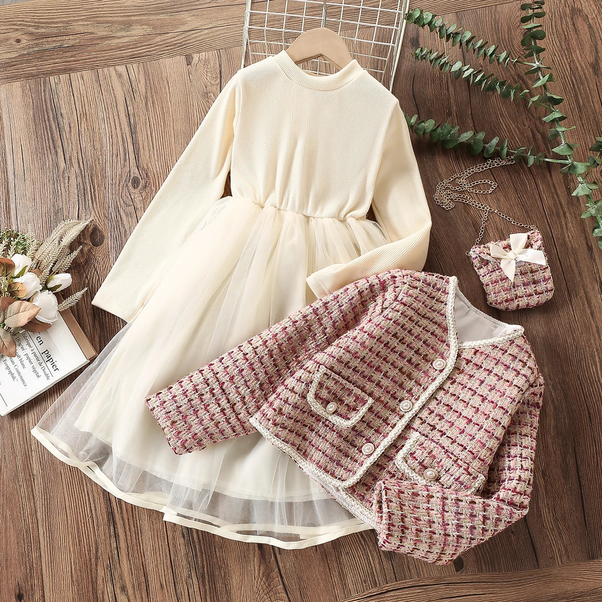 Girls 2pcs Preppy Outfits Coat &amp; Dress Set for Birthday Party childrensterritory