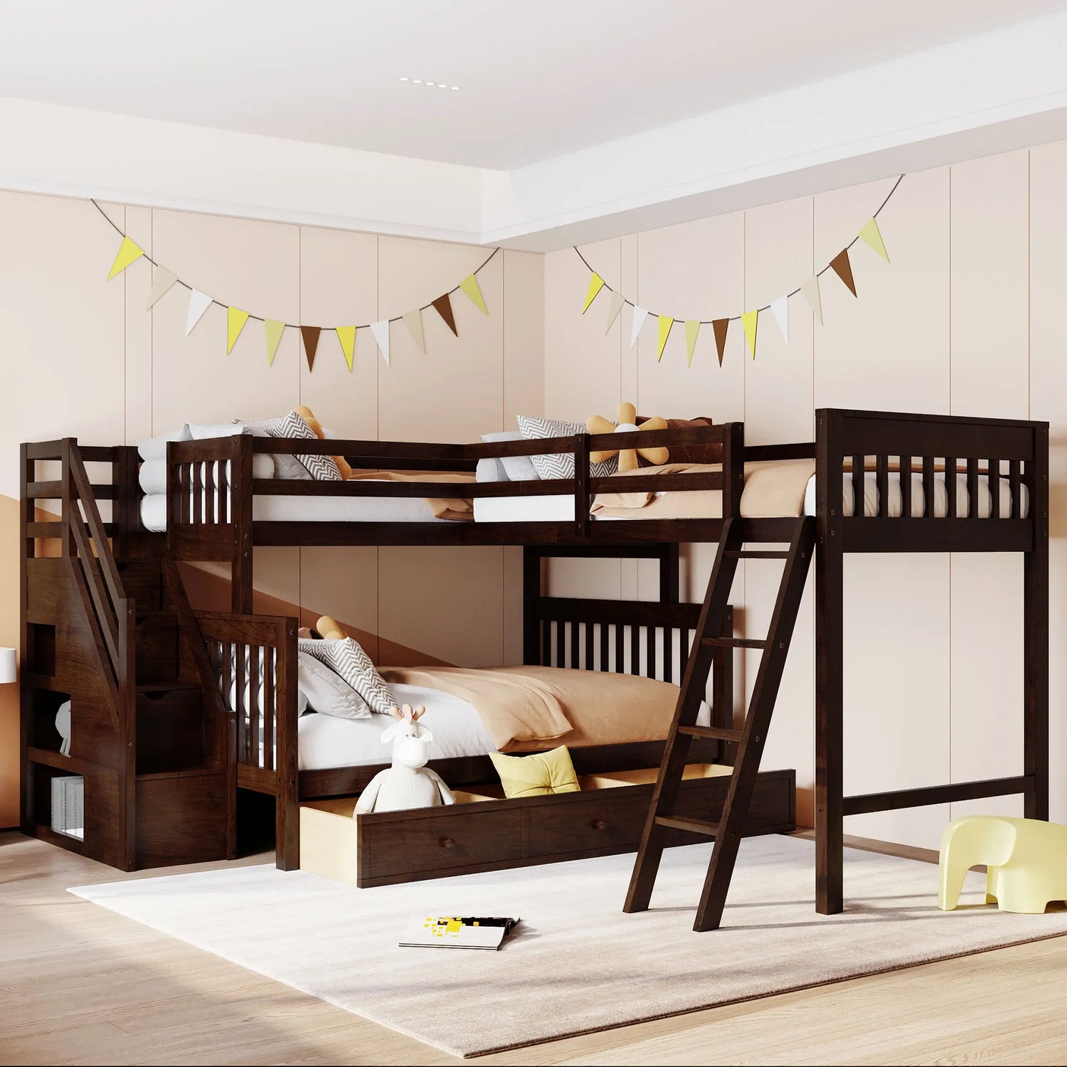 L-shaped Full Bunk Bed with Three Drawers and a Staircase childrensterritory