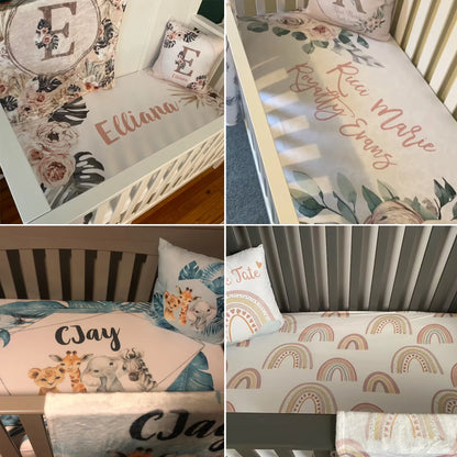 Custom Name Blue Elephant Print Baby Bedding Set