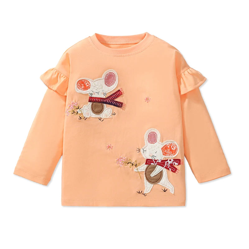 Round Neck Long Sleeves Cartoon Print Cotton Tops For Girls