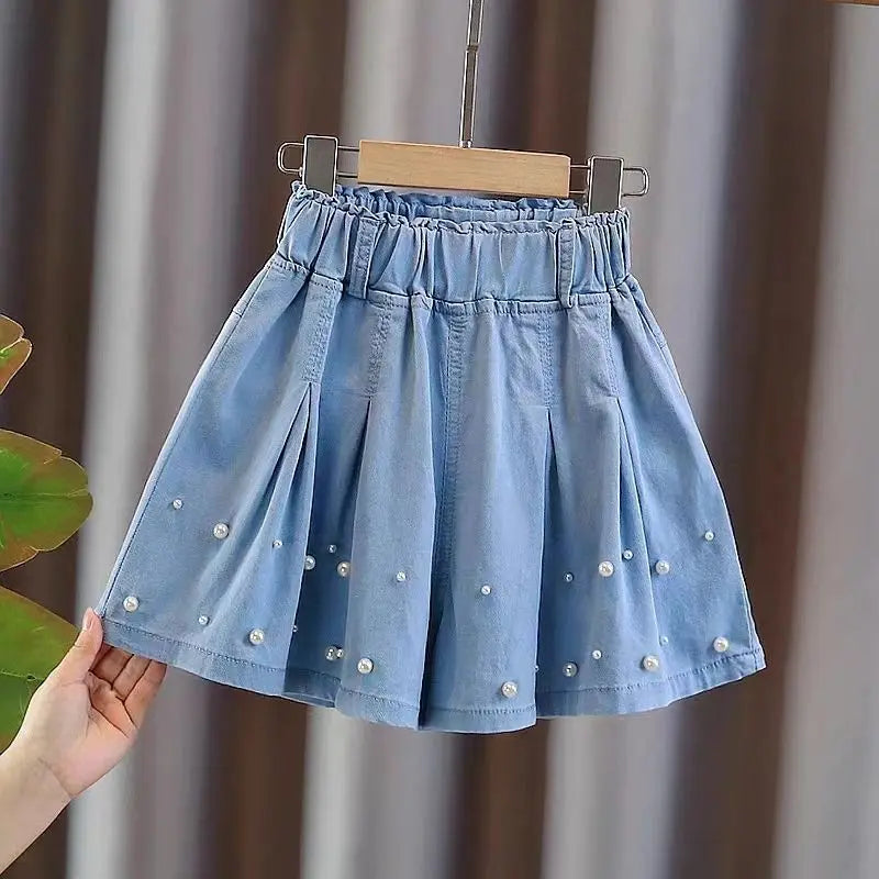 Girls Pearl Decorated Pleated Skirt Shorts for Summer childrensterritory
