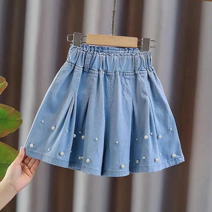 Girls Pearl Decorated Pleated Skirt Shorts for Summer childrensterritory