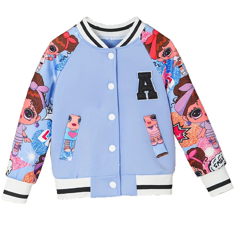 "A" Pattern and Cartoon Doll Print Kids Girls Jackets childrensterritory