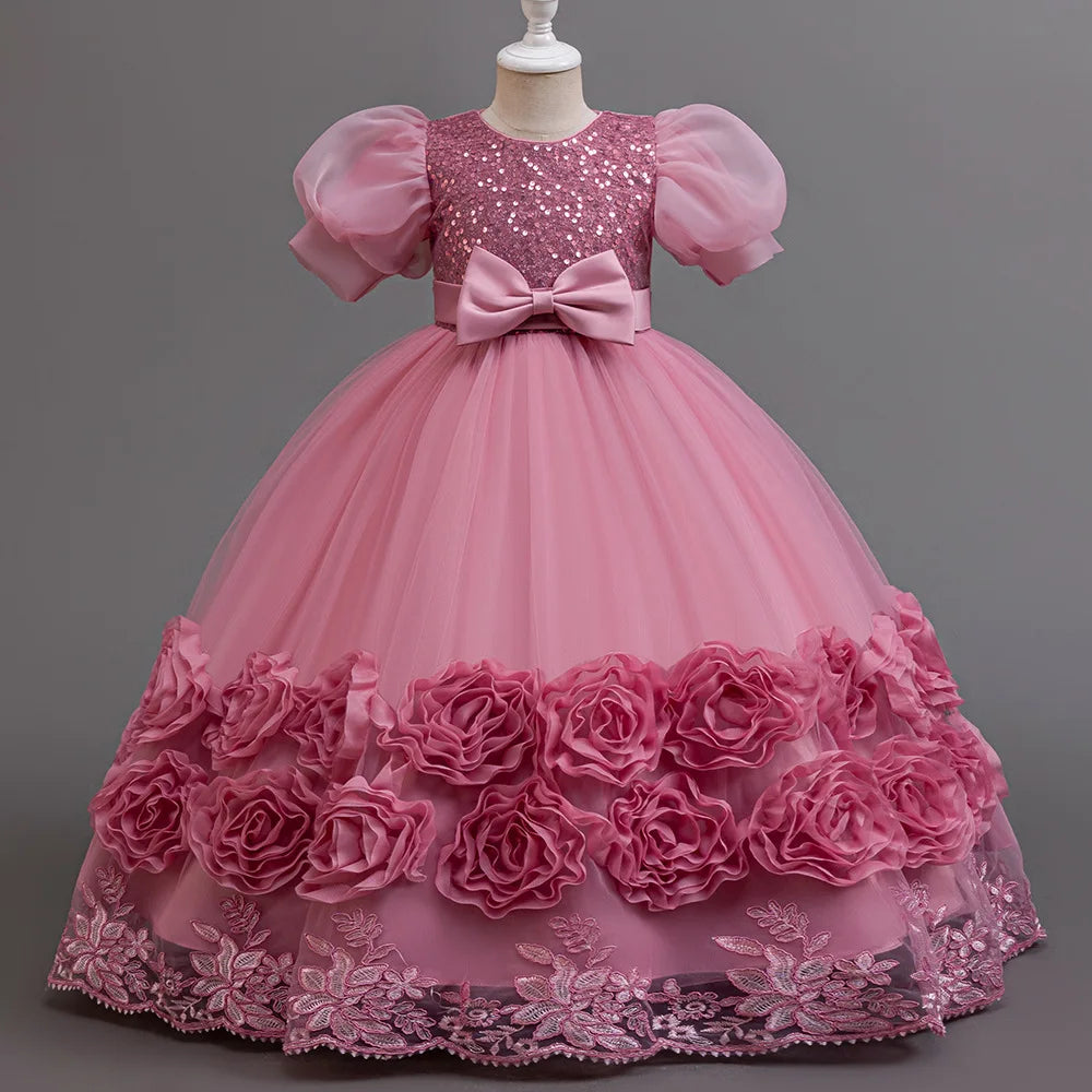 Flower Appliqués and Sequin Design Girls Long Party Dresses childrensterritory