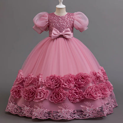 Flower Appliqués and Sequin Design Girls Long Party Dresses childrensterritory