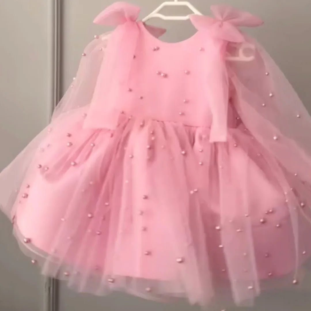 Girls Bow Design Long Sleeve Tulle Gown for Party/Wedding childrensterritory