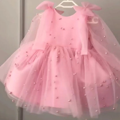 Girls Bow Design Long Sleeve Tulle Gown for Party/Wedding childrensterritory