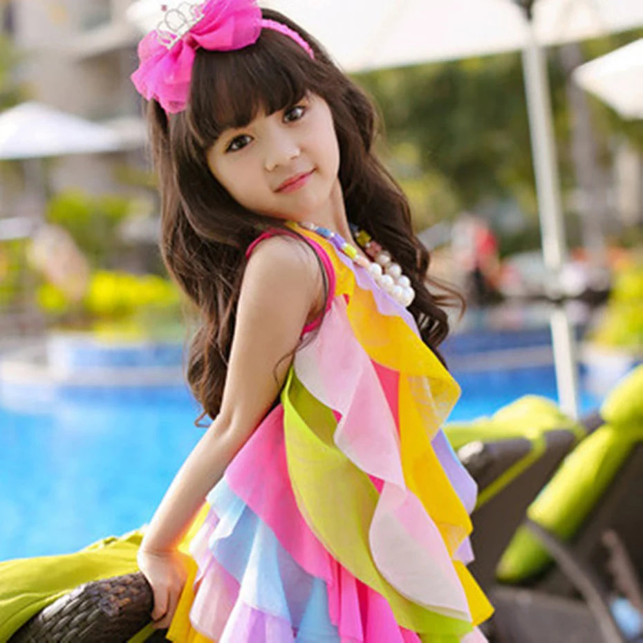 Sleeveless Rainbow Color Beach Dress For Kids Girls childrensterritory