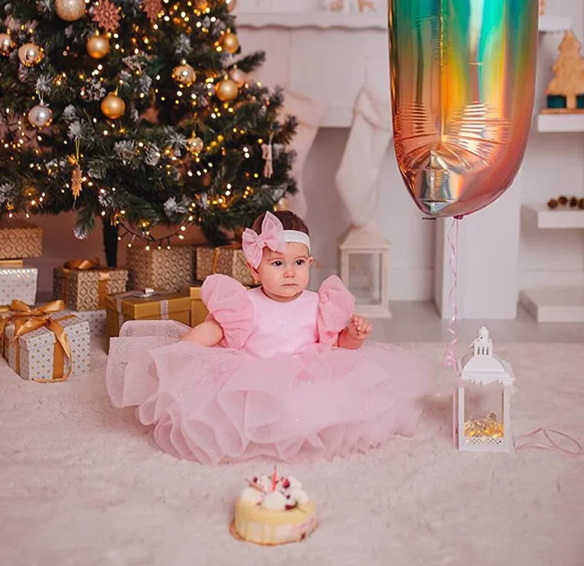 Little Girls Puffy Pink Big Bow Design Christening Dress