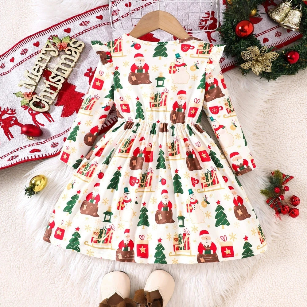 Girls’ Long-Sleeve Christmas Party Dress with Festive Design