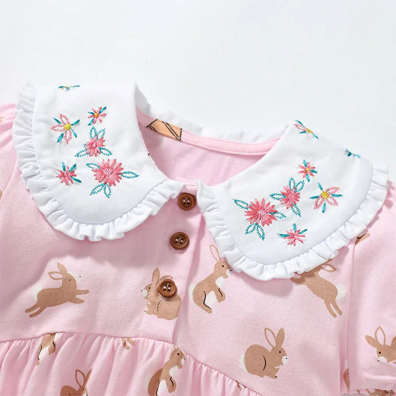Girls Short Sleeves Rabbit Cartoon Print Summer Dresses childrensterritory
