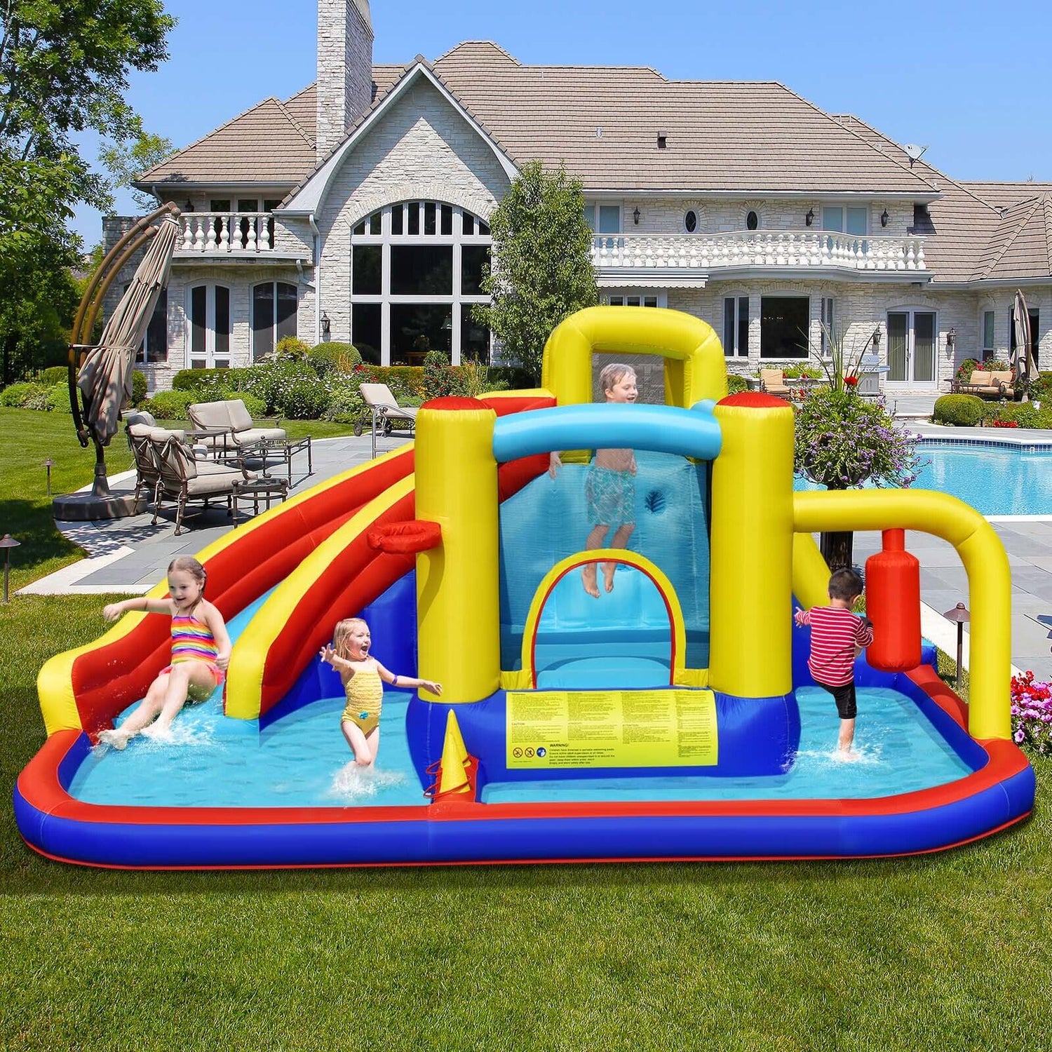 Kids 7-in-1 Inflatable Water Slide and Bounce Castle With 735W Air Blower childrensterritory