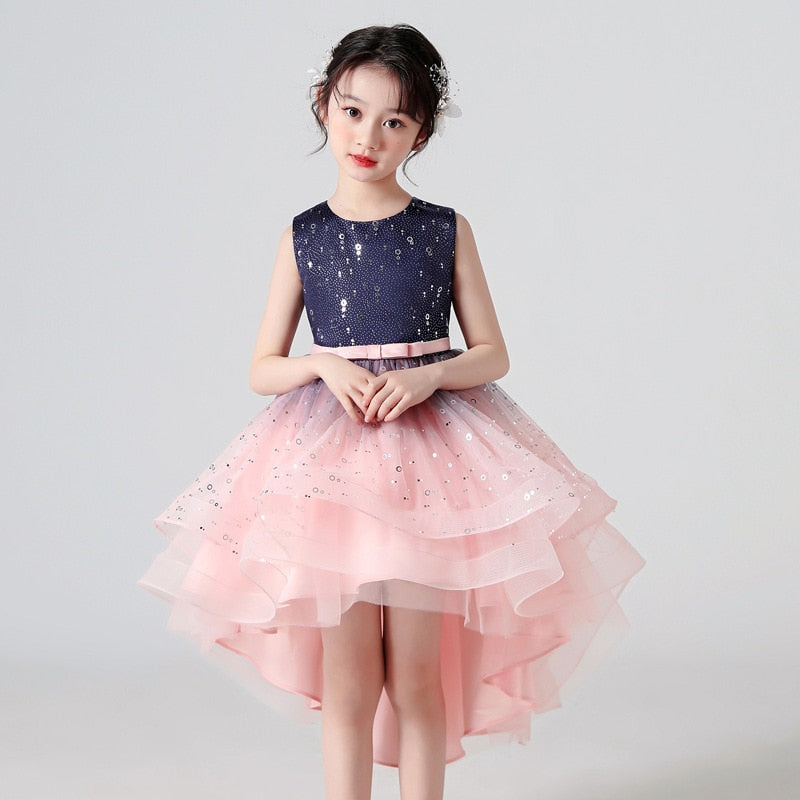 Gradient Sequin Kids Girls Fluffy Mesh Trailing Prom Dress childrensterritory