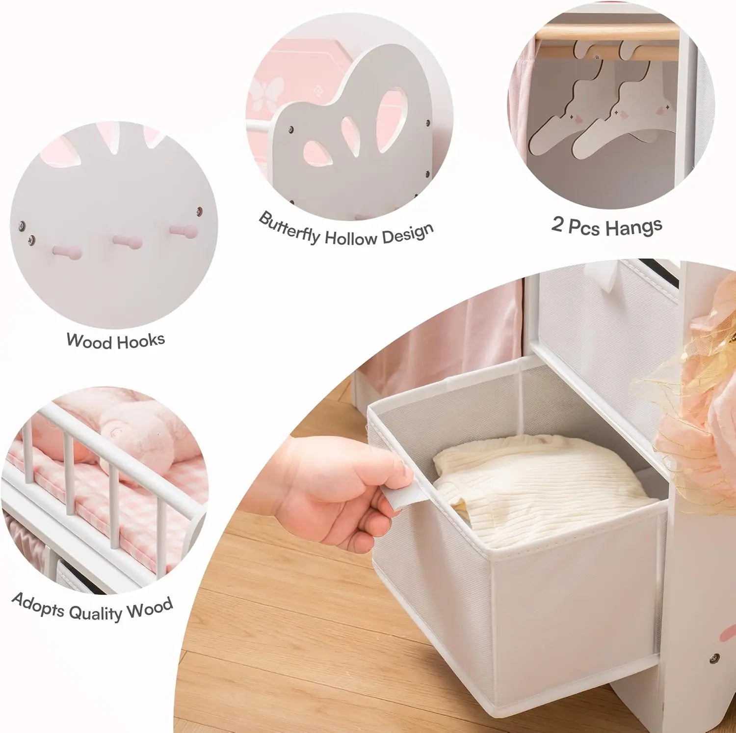 Kids Girls Wooden Pink Doll Bed with Storage and Hooks childrensterritory