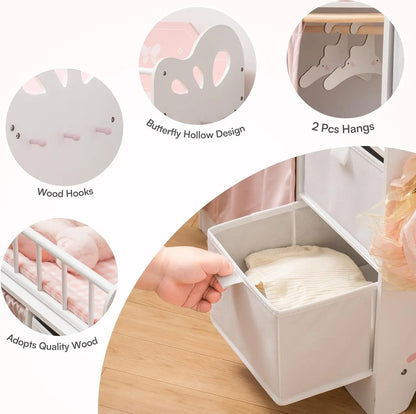 Kids Girls Wooden Pink Doll Bed with Storage and Hooks childrensterritory