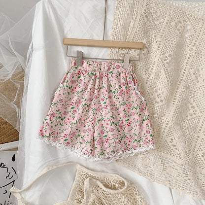 Floral Print Rustic Style Little Girl Sling Tops and Shorts Set childrensterritory
