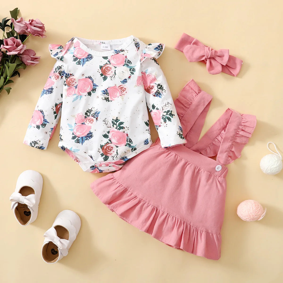 Baby Girl Printed Romper &amp; Suspender Skirt Outfit Set
