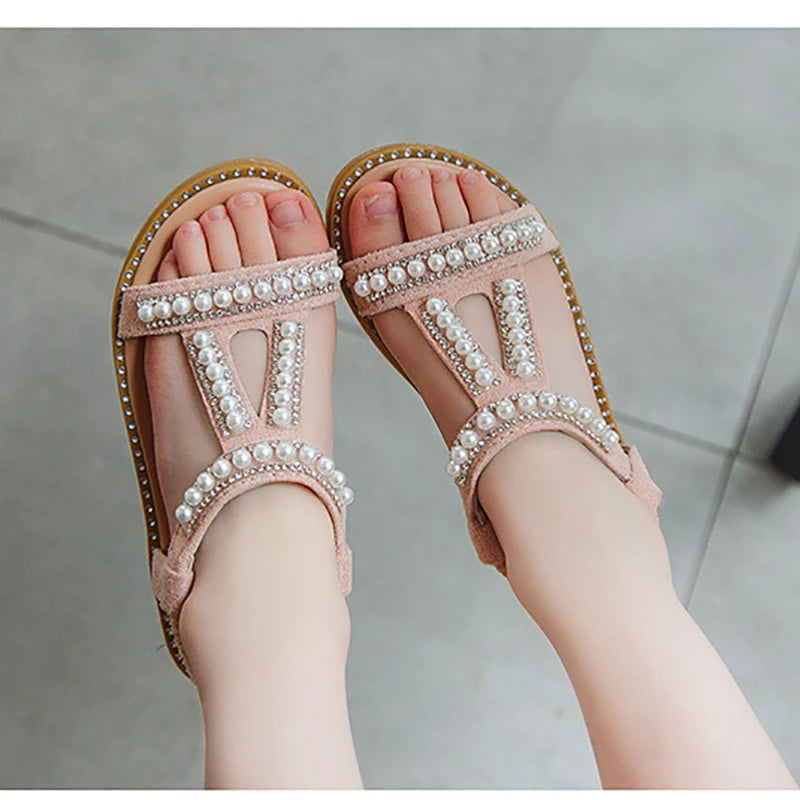 Elegant Pearl Rhinestone Party Princess Sandals for Little Girls