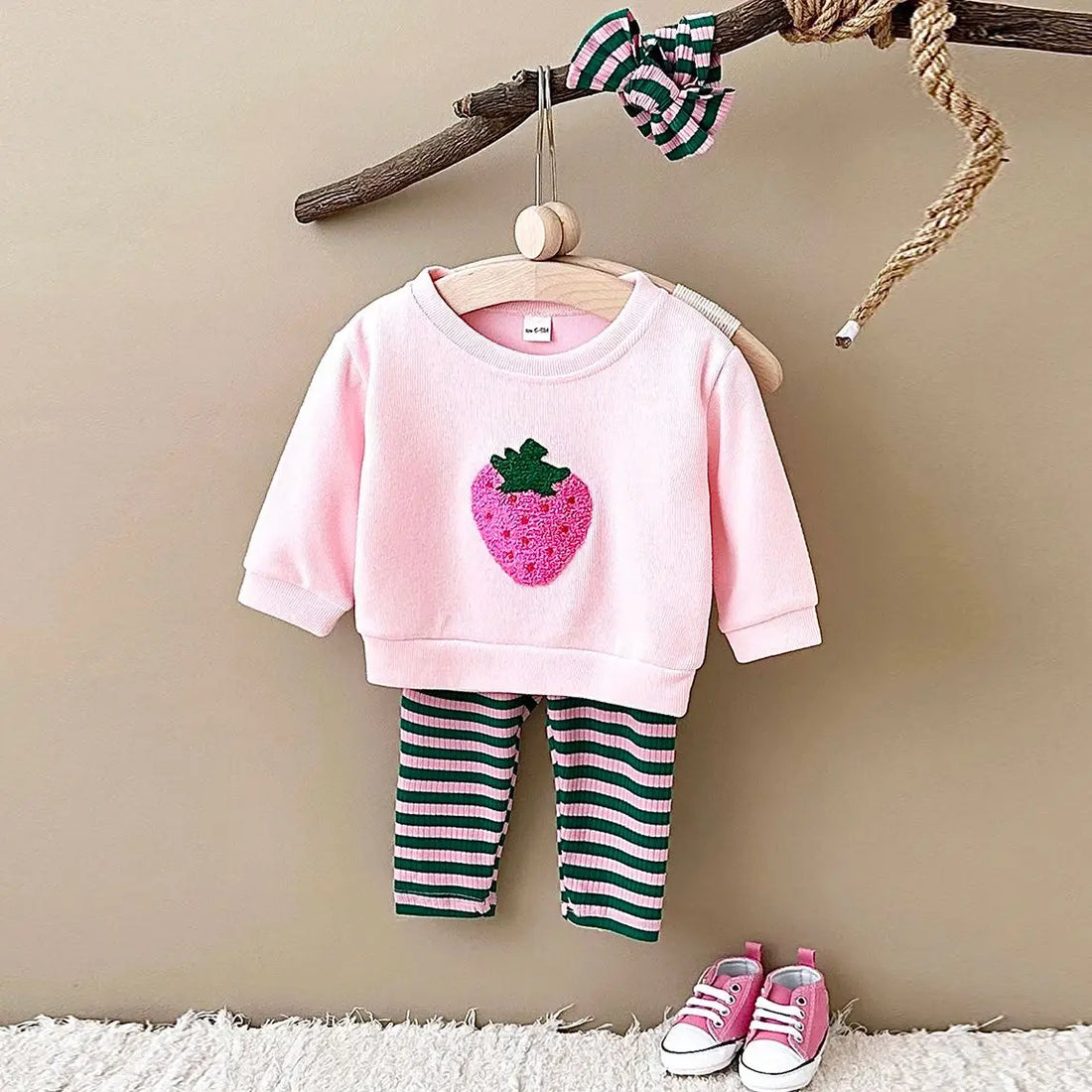 Baby Girls Strawberry Top with Striped Legging and Headscarf Set