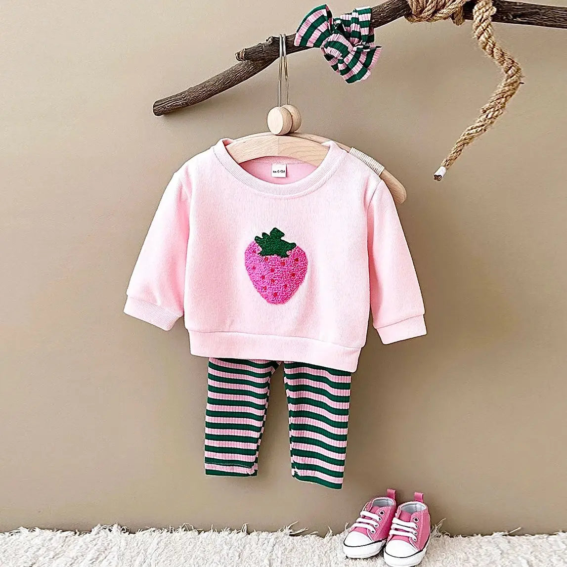 Baby Girls Strawberry Top with Striped Legging and Headscarf  Set