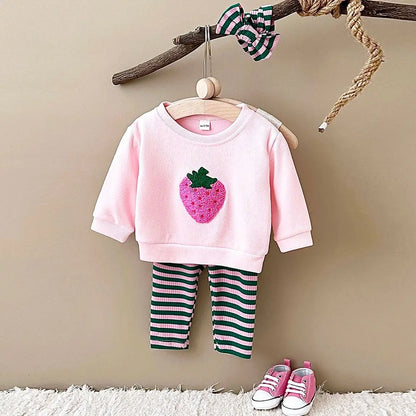 Baby Girls Strawberry Top with Striped Legging and Headscarf  Set