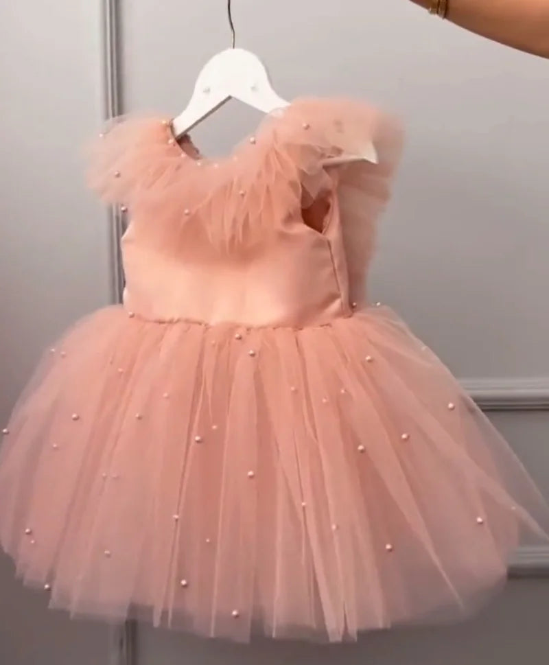 Pearls Design Cute Tulle Gown with Big Bow for Infant Girls childrensterritory