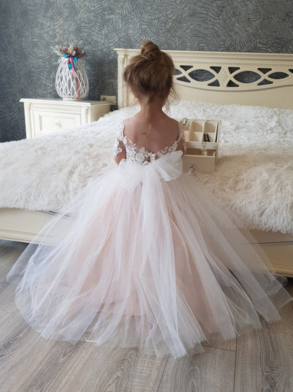 Kids Girls Backless Tutu Wedding Party Dresses with Long Train childrensterritory