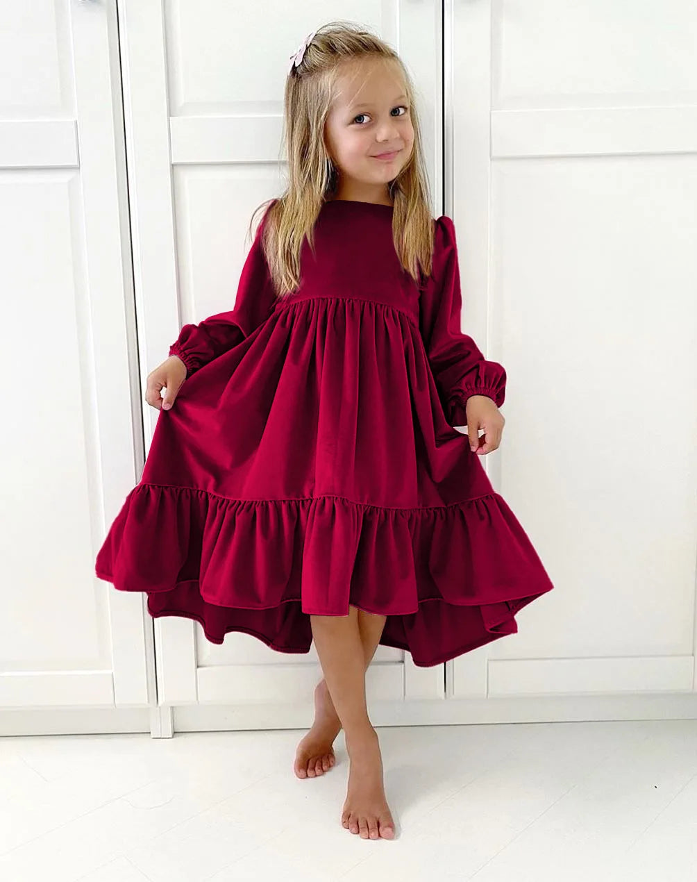 Kids Girls Velvet Long Sleeve Ruffle Hem Party Dresses