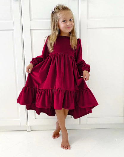 Kids Girls Velvet Long Sleeve Ruffle Hem Party Dresses