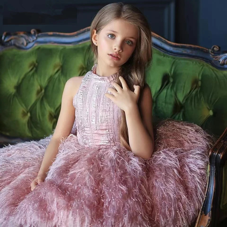 Girls Fluffy Feather &amp; O Neck Sleeveless Ball Gown/Party Dress