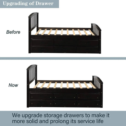 A Twin-Sized Wooden Platform Bed with Six Drawers for Storage