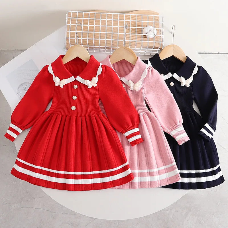 Girls' Collar Design Long-Sleeved Winter Dresses