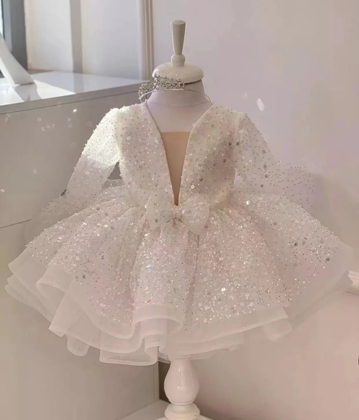 Puffy Glitter Sequined Flower Girl Dress with Detachable Train