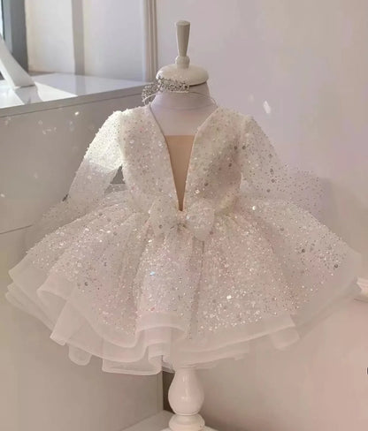 Puffy Glitter Sequined Flower Girl Dress with Detachable Train