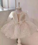 Puffy Glitter Sequined Flower Girl Dress with Detachable Train