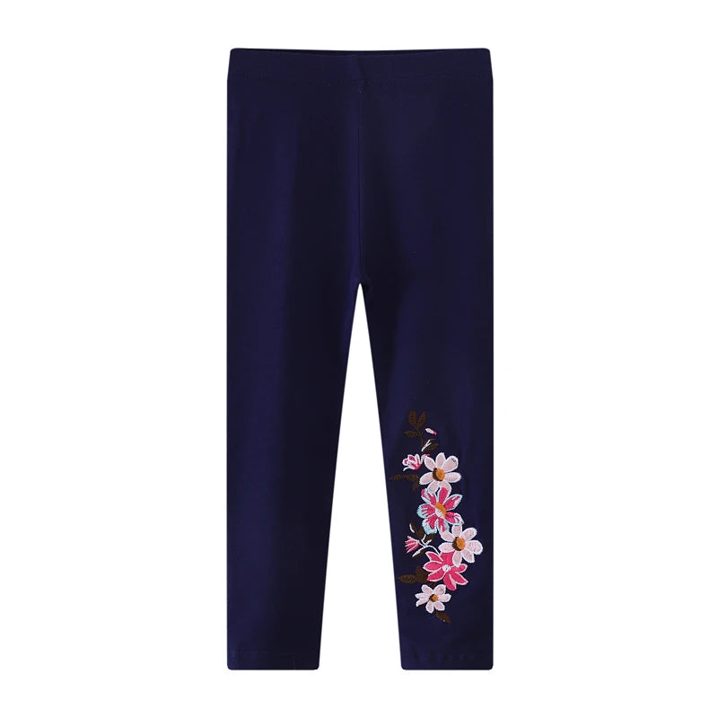 Flowers Embroidered Cotton Leggings For Girls