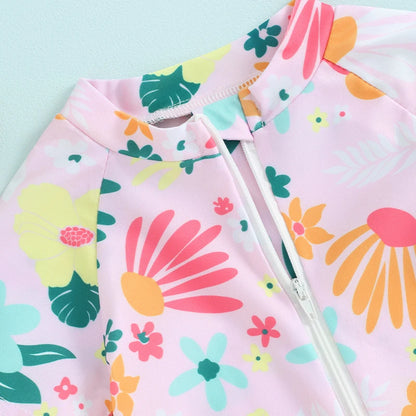 Short Sleeve Floral Print Kids Girls Rash Guard Swimsuit